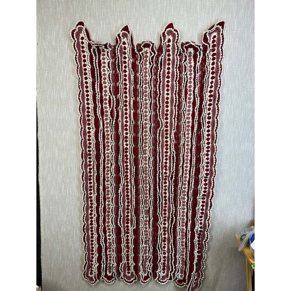 Vintage Handmade Crochet Throw Blanket Burgundy Rose Boho Ruffle 06